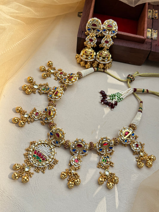 Traditional Gold plated Lotus Pendant Dangler Necklace Set