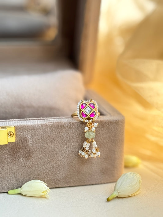 Jadau Pink Delicate Gold Plated Latkan Ring
