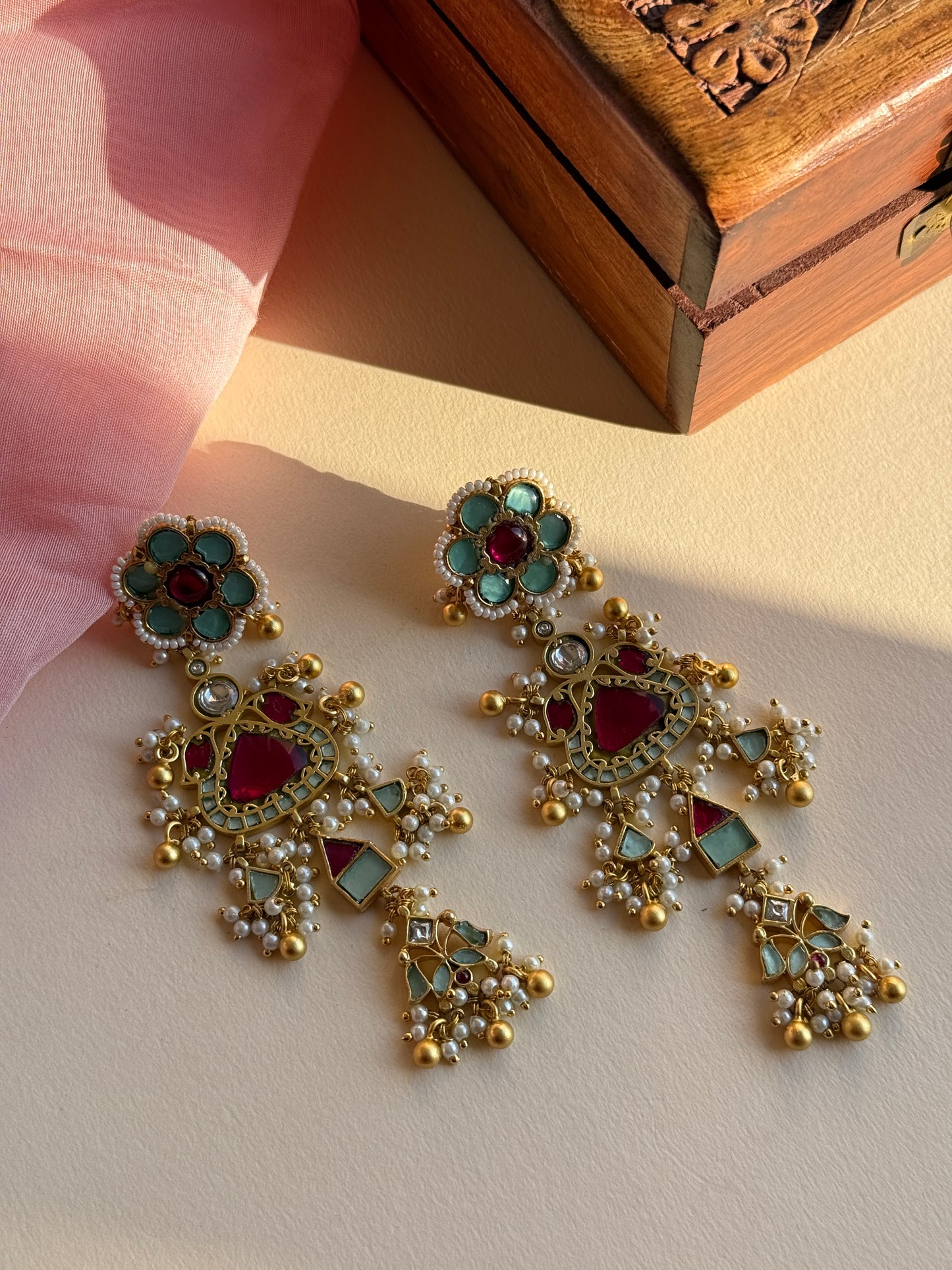 Pink and Turquoise jadau long earring