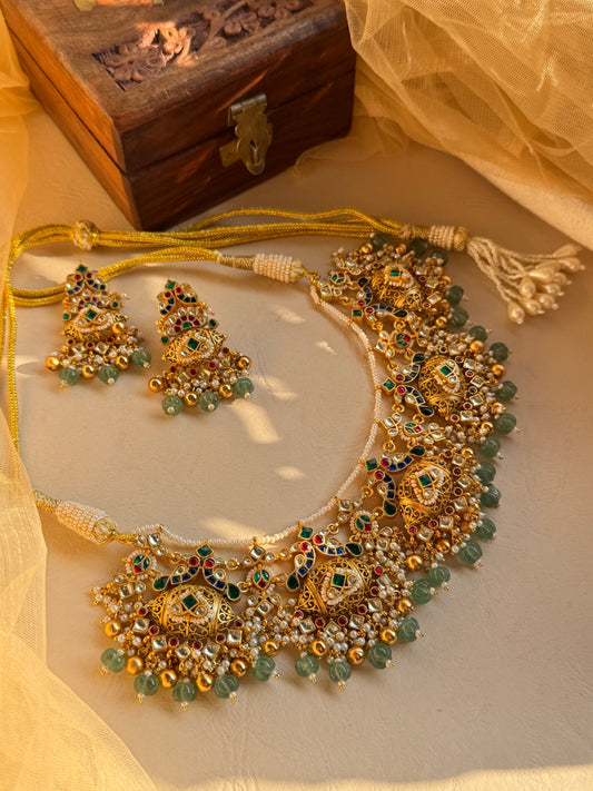 Royal Gold Plated jadau necklace set with multicolor stone