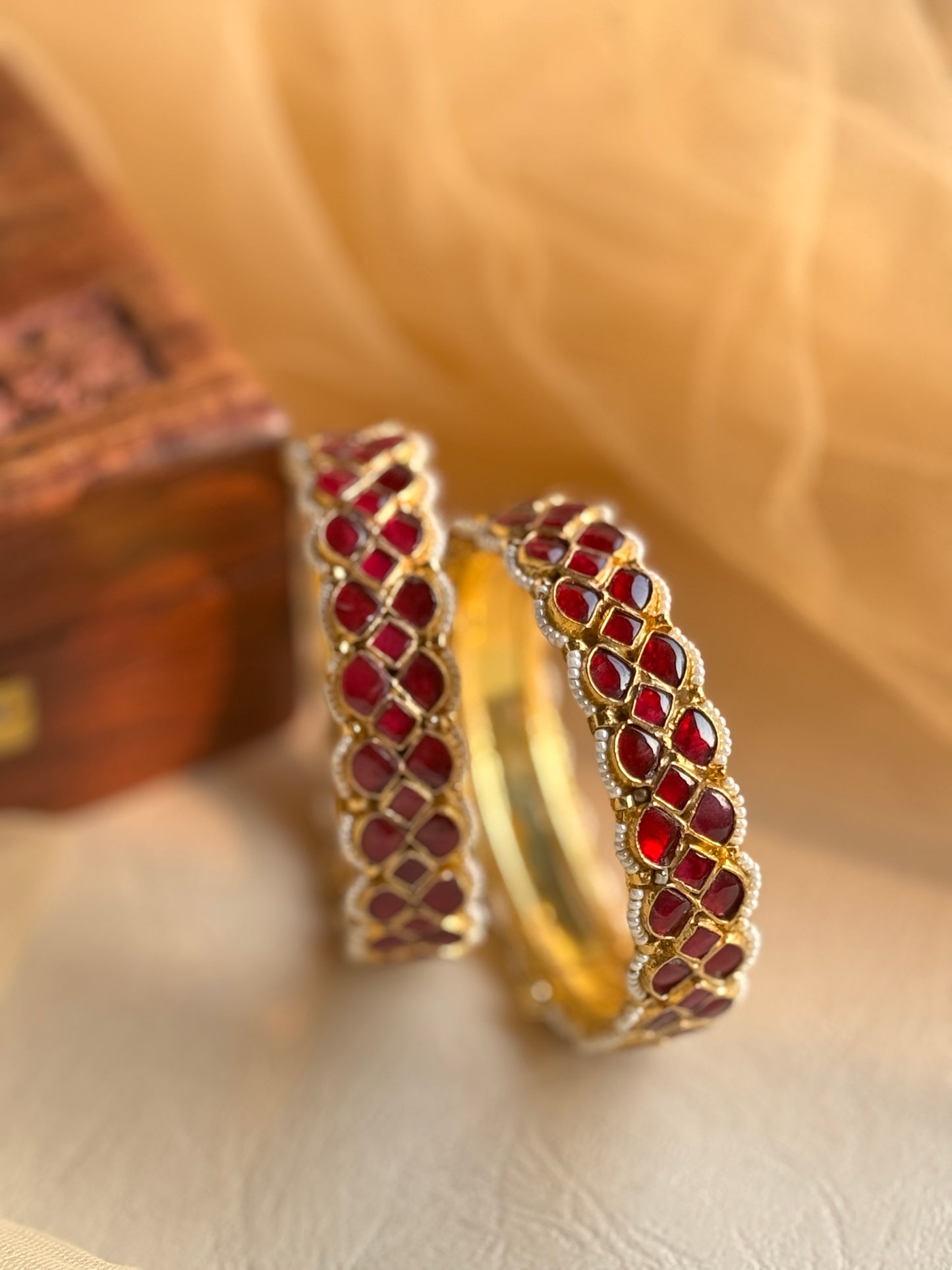 Gold Plated Jadau Stone Bangles with Small Moti Edges