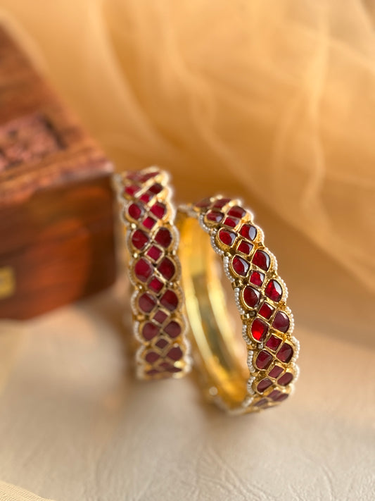 Gold Plated Jadau Stone Bangles with Small Moti Edges