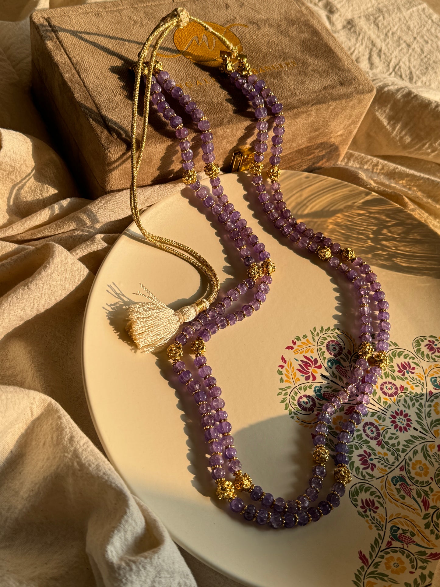 Gold Plated Purple Beads Long Necklace Set