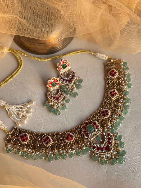 Traditional Gold Plated Jadau Necklace Set With Semi Precious Beads