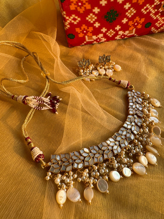 Designer Gold Plated mother of pearl in Leaf pattern Choker Set
